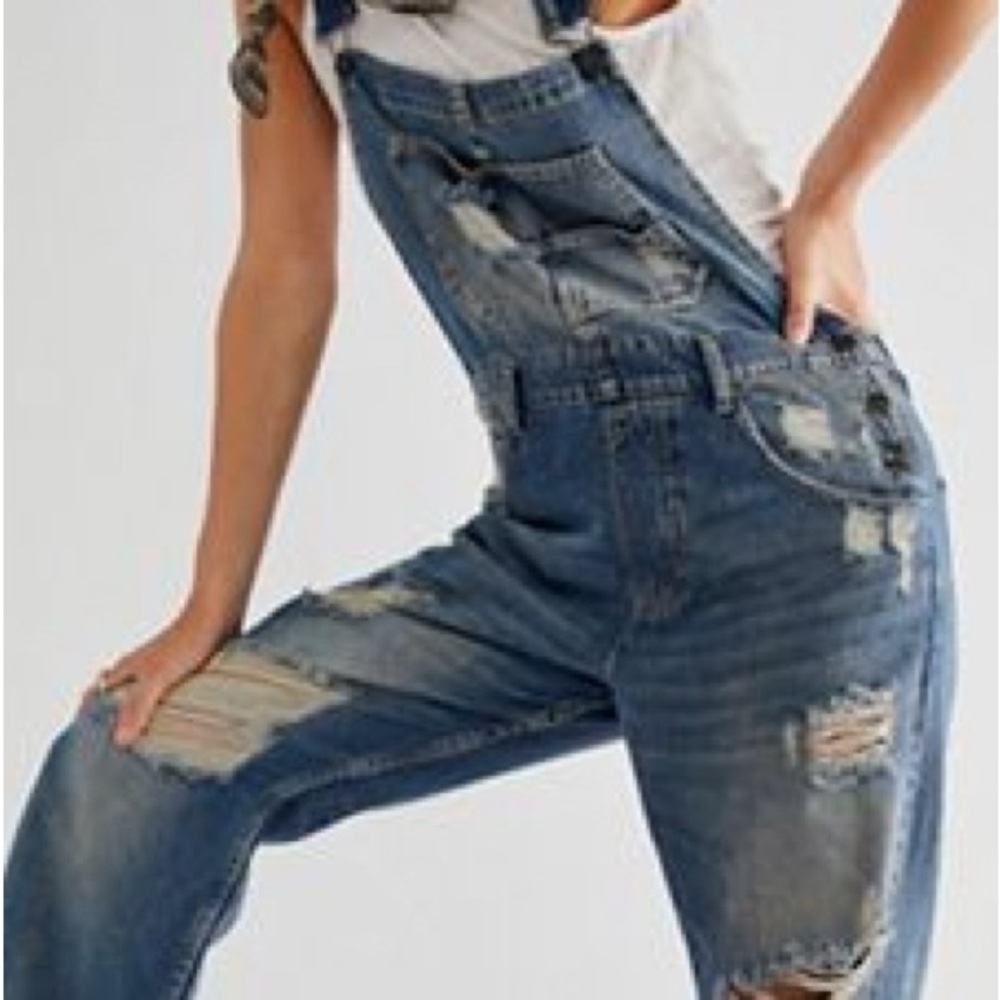 Free People Blue Distressed Denim Overalls